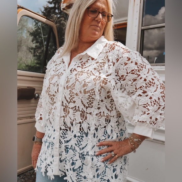 POL Lace Balloon Sleeve Button Down Shirt NEW Size Large - Picture 10 of 10